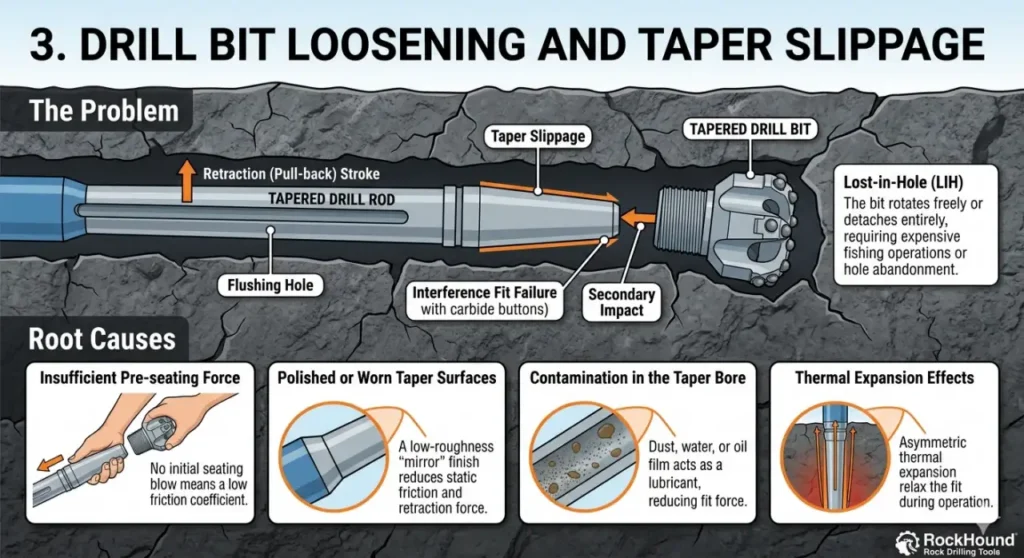 Aflojamiento de la broca y deslizamiento del cono