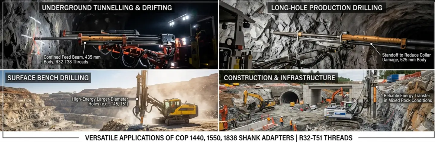 Applications of R32 T38 T45 T51 Shank Adapter for Cop 1440 1550 1838