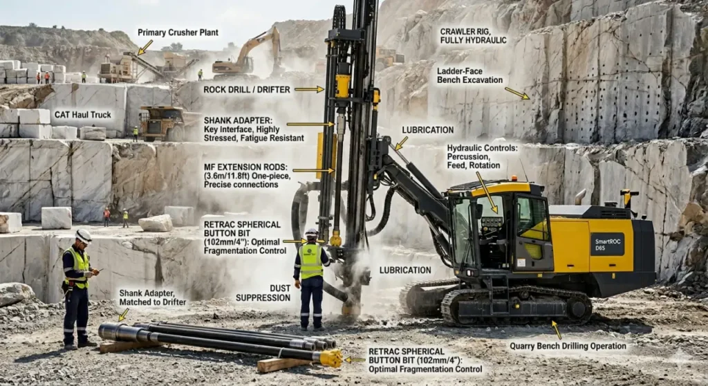 Equipos de perforación sobre orugas totalmente hidráulicos y herramientas de perforación de banco