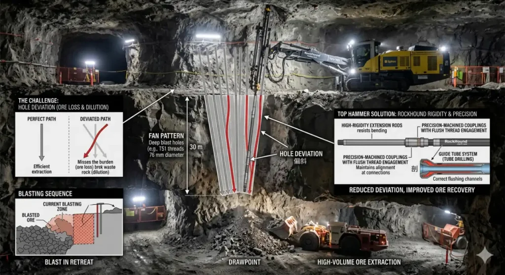 Extracción de mineral de alto volumen con barrenos largos